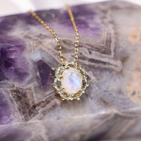 Rainbow Moonstone and Sky Blue Topaz Crystal Necklace